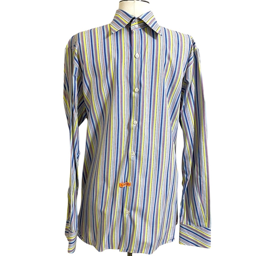 PERRY ELLIS MENS Blue White Multicolor Striped Long Sleeve Dress Shirt Medium